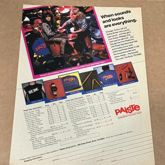 Tommy Lee & Bobby Blotzer - Paiste Cymbals - 1987 Print Advertisement - Picture 1 of 1